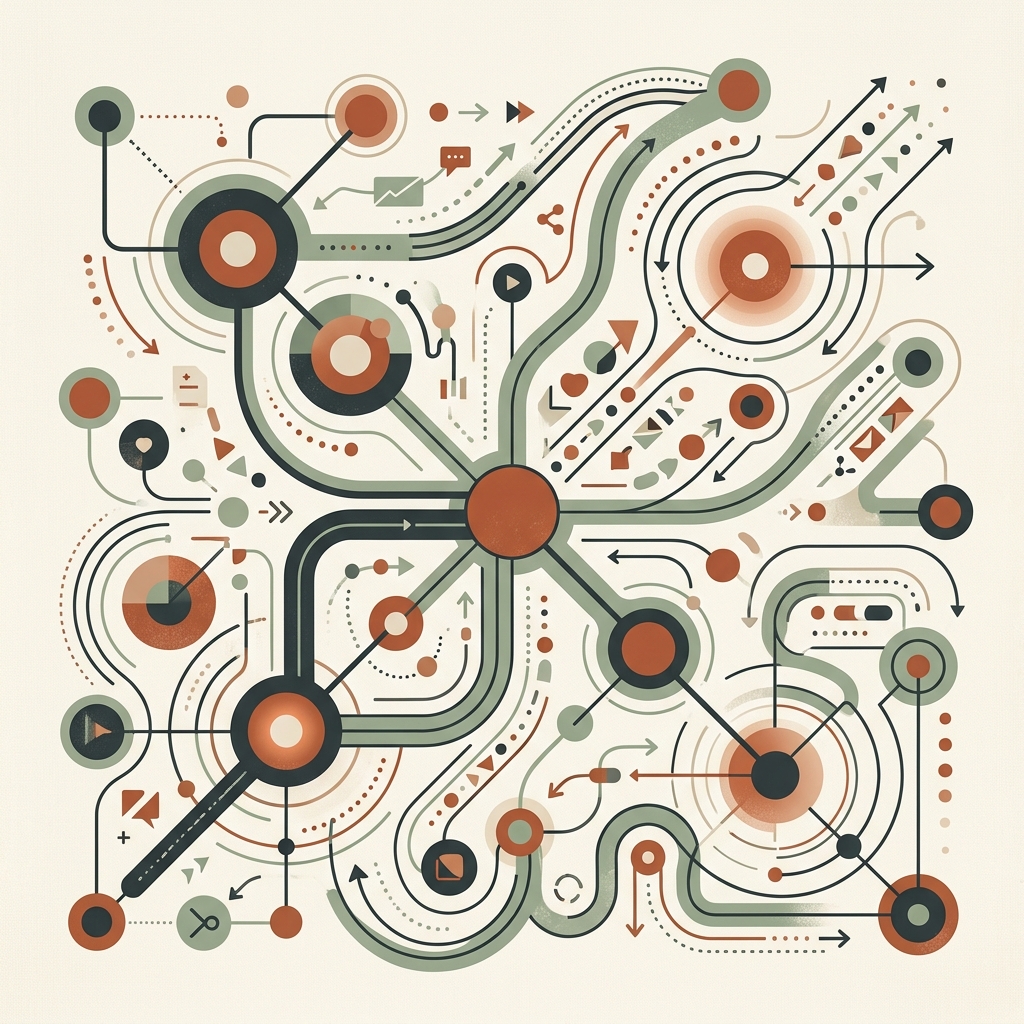 Contemporary abstract network connections graphic styled in terracotta, sage, and cream colors